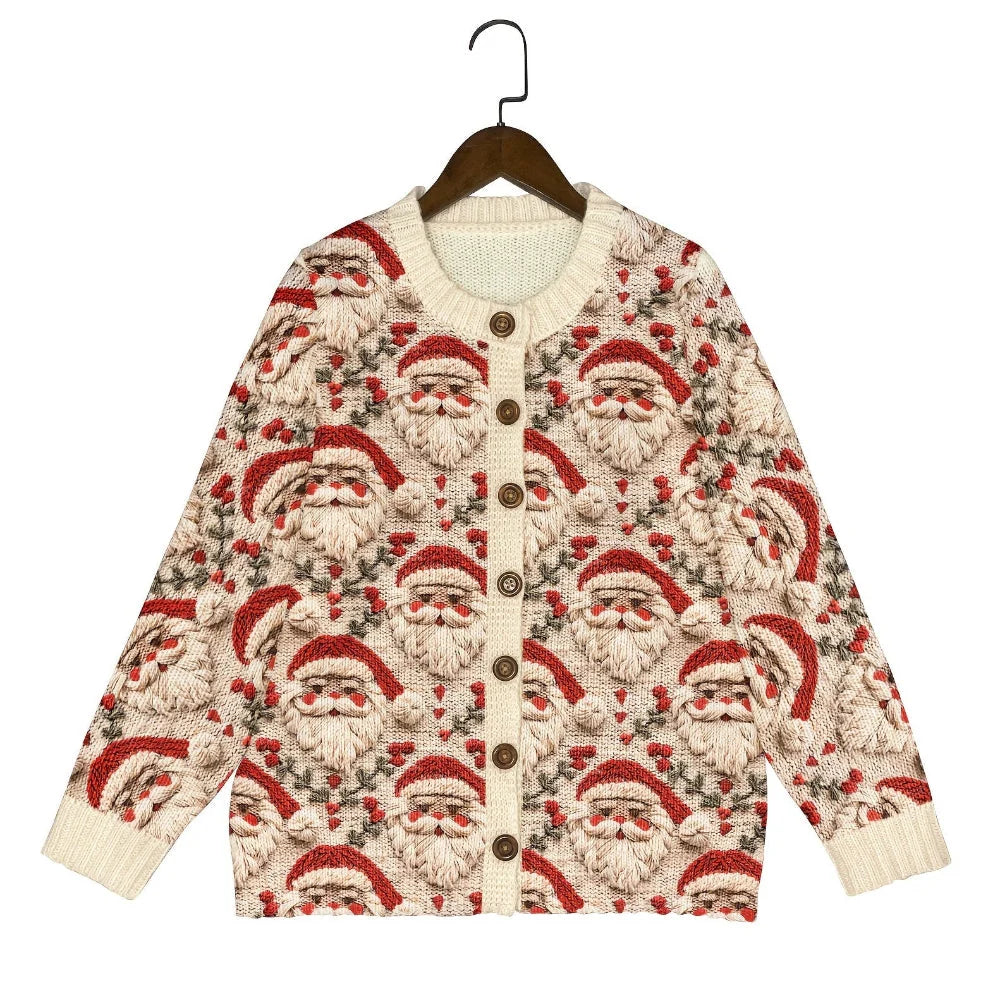 Knit Cardigan Santa Motif Cozy Button Front