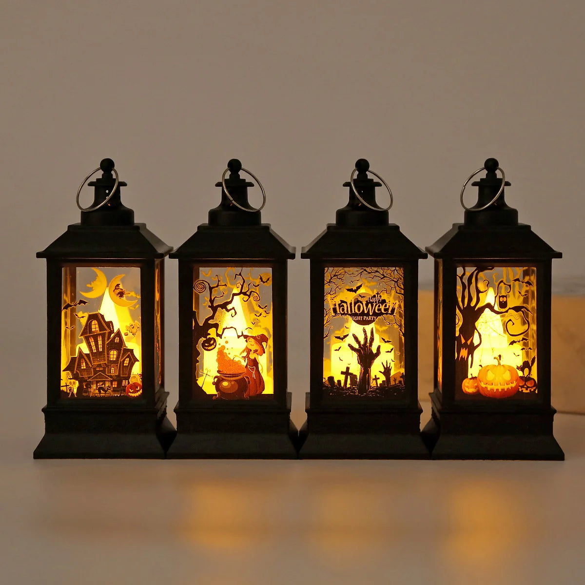 Lantern Spooky Cutout Warm LED Metal & Glass