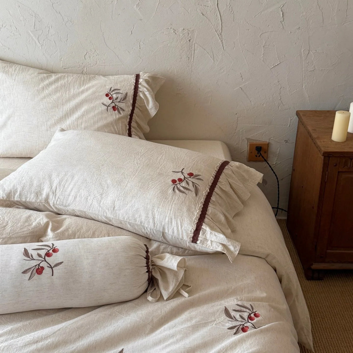 Linen Bedding Set Cherry Embroidery & Ruffled Edge