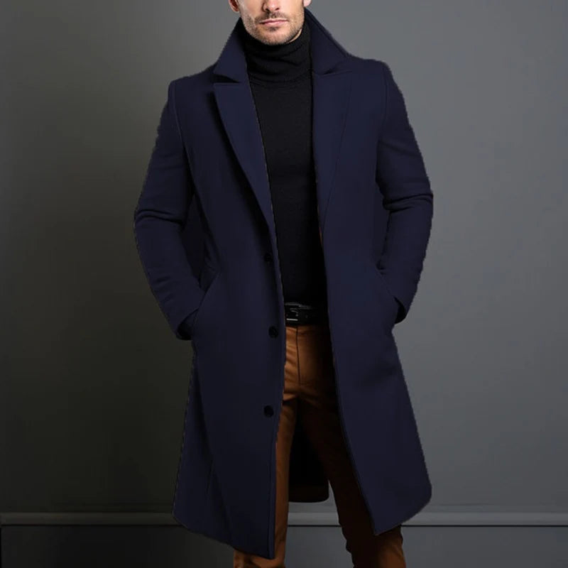 Long Coat Wool Blend Tailored Fit Lapel Collar
