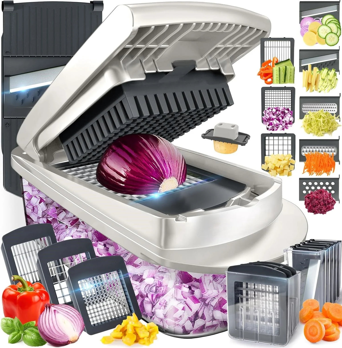 Mandoline Slicer 8-Function Stainless Steel Blades & Built-In Container