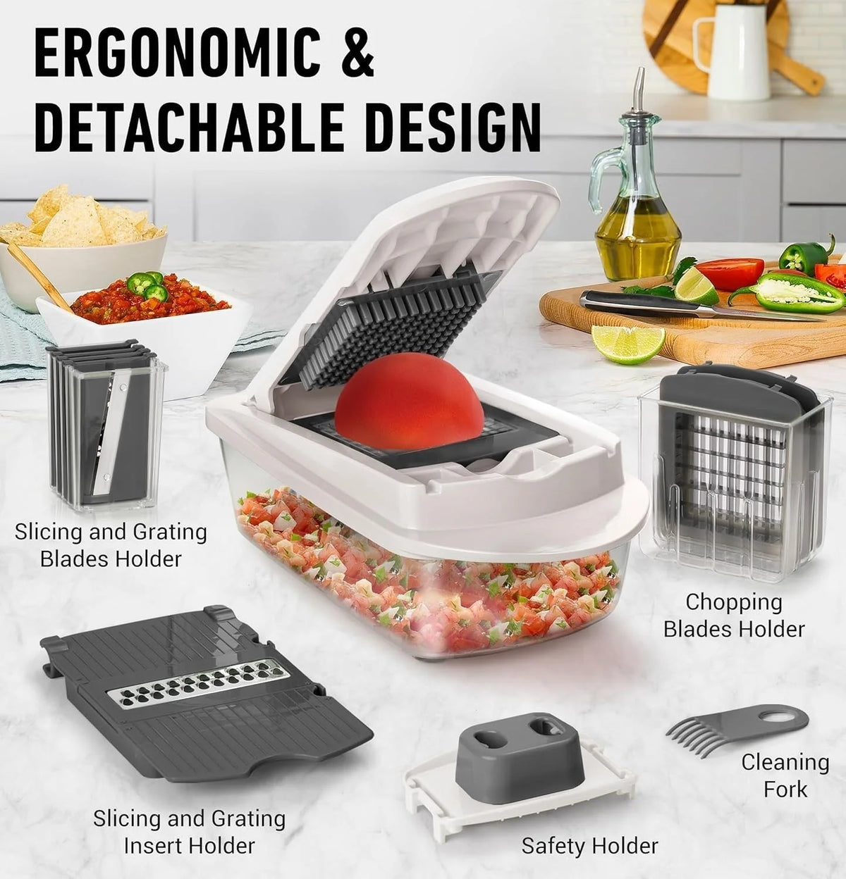 Mandoline Slicer 8-Function Stainless Steel Blades & Built-In Container