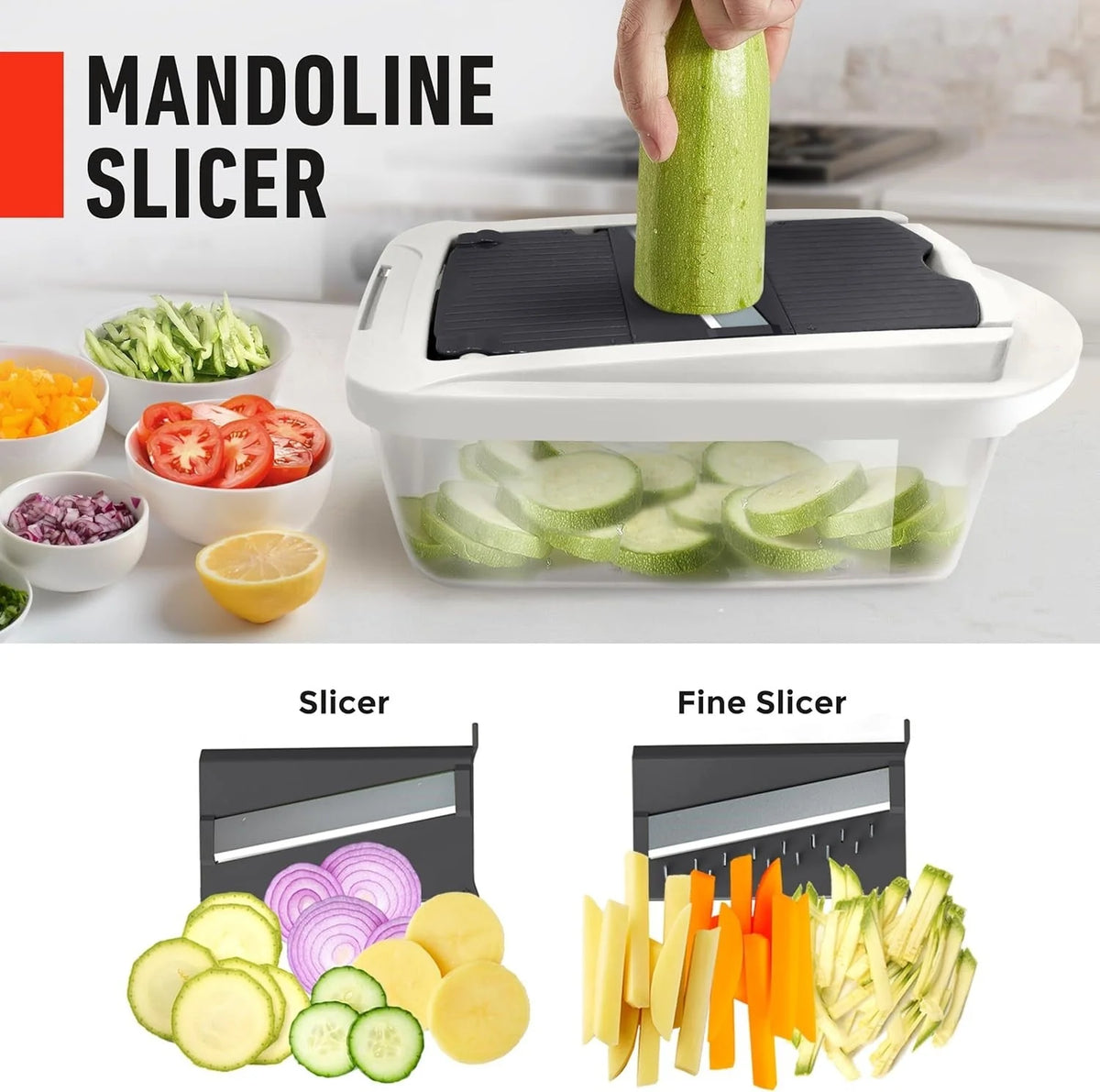 Mandoline Slicer 8-Function Stainless Steel Blades & Built-In Container