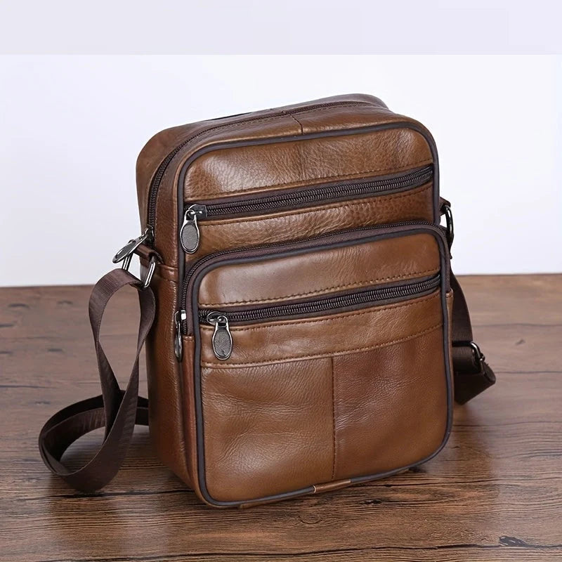 Messenger Bag Cowhide Leather Multiple Pockets