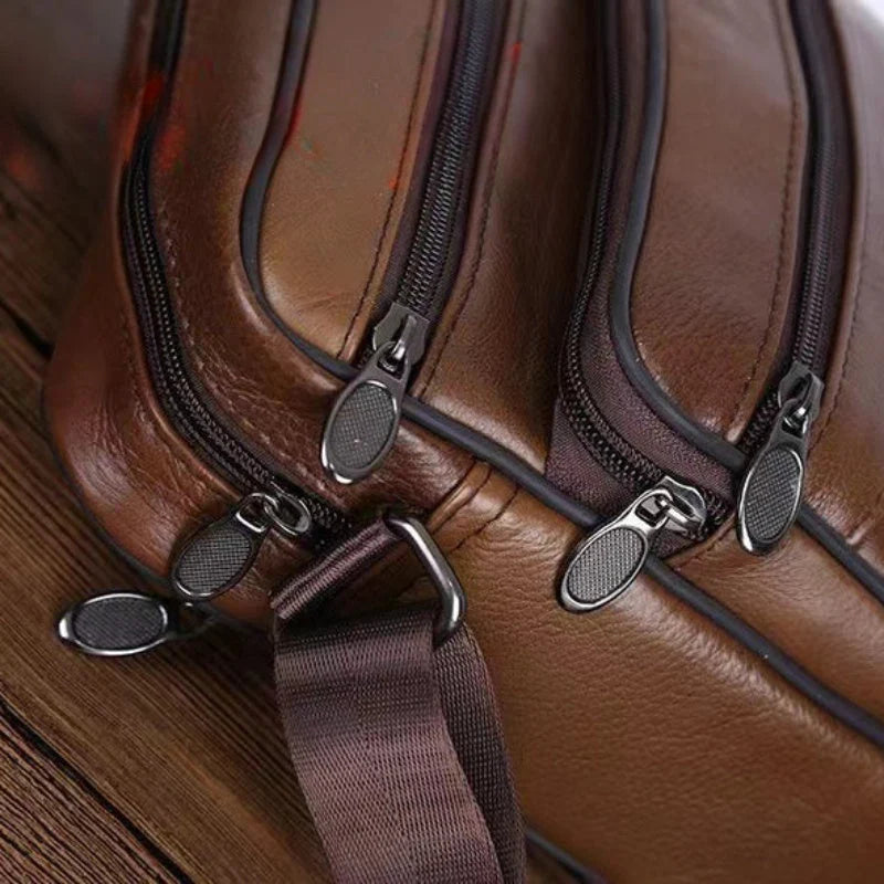 Messenger Bag Cowhide Leather Multiple Pockets