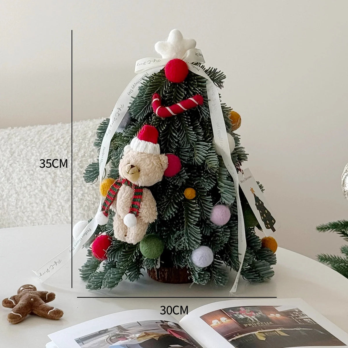Mini Christmas Tree Lifelike Artificial Ribbons & Pom-Poms