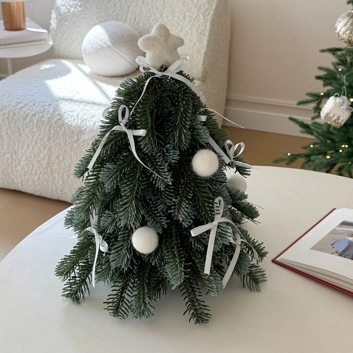 Mini Christmas Tree Lifelike Artificial Ribbons & Pom-Poms