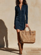 Mini Dress Faux Suede Half-Zip V-Neck
