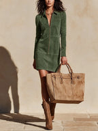 Mini Dress Faux Suede Half-Zip V-Neck