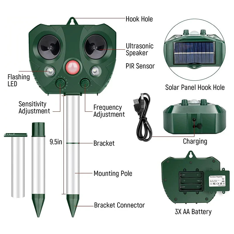 Outdoor Bird Repeller Ultrasonic & LED Solar With USB