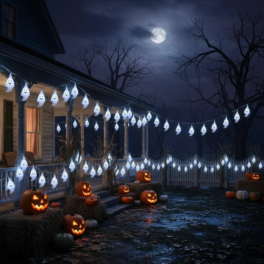 Outdoor String Lights Ghost-Shaped Battery-Operated & Weather-Resistant
