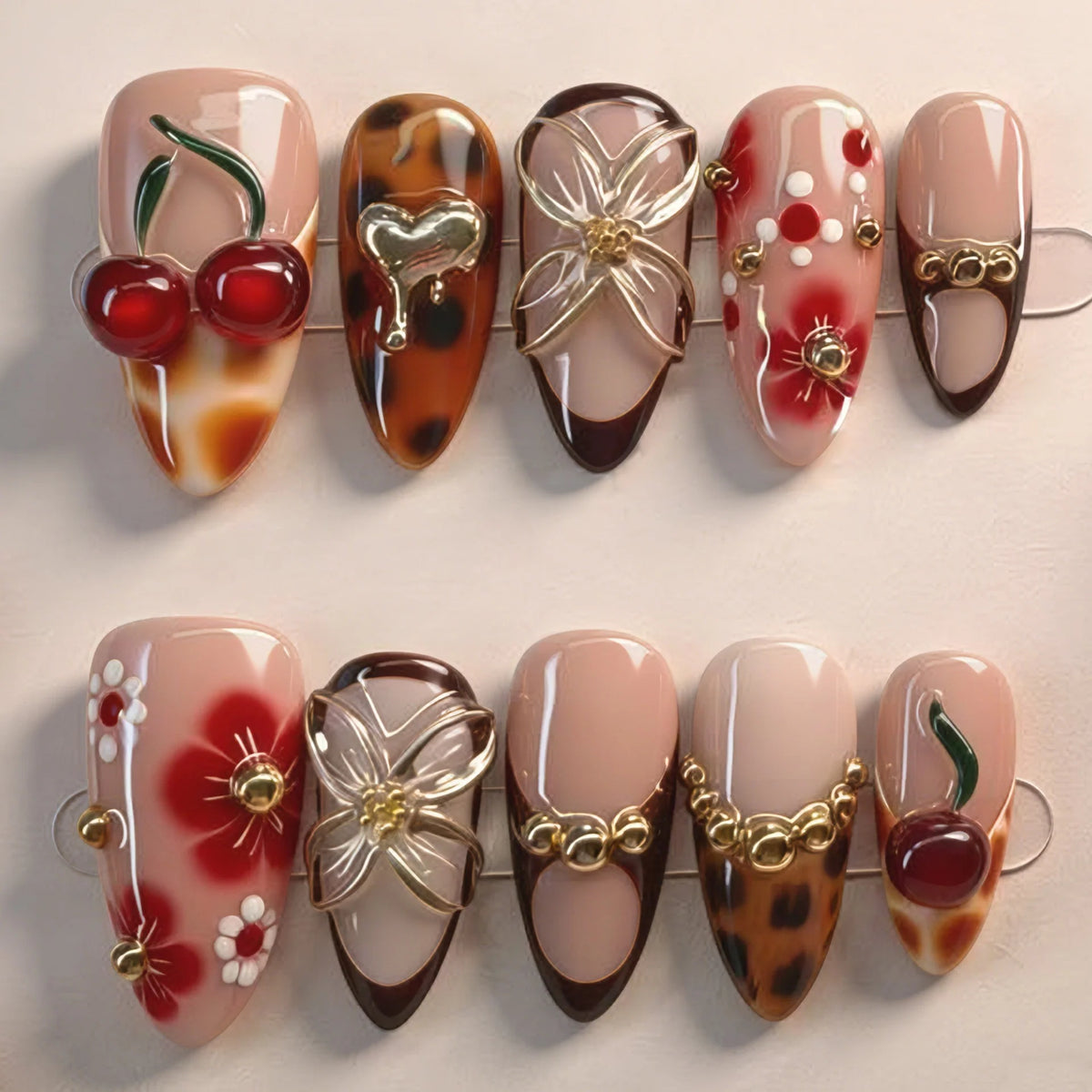 Press-On Nail Set Acrylic Reusable Floral & Embellished