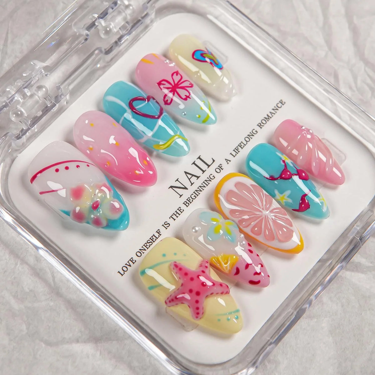 Press-On Nail Set Artistic Summer Designs Reusable Multi-Size