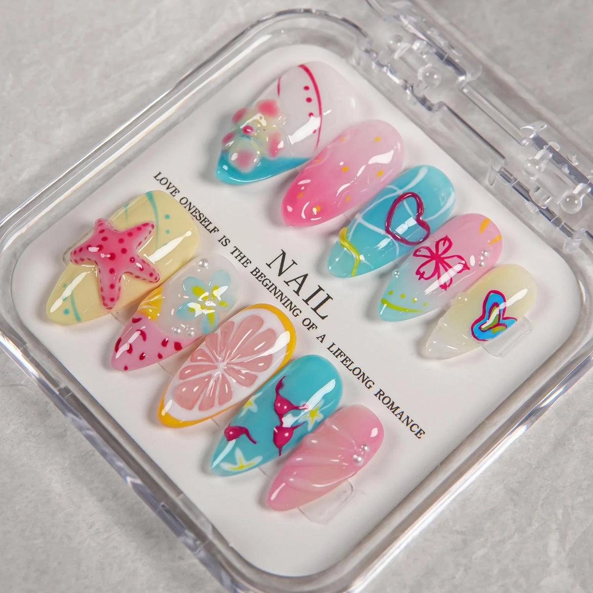 Press-On Nail Set Artistic Summer Designs Reusable Multi-Size