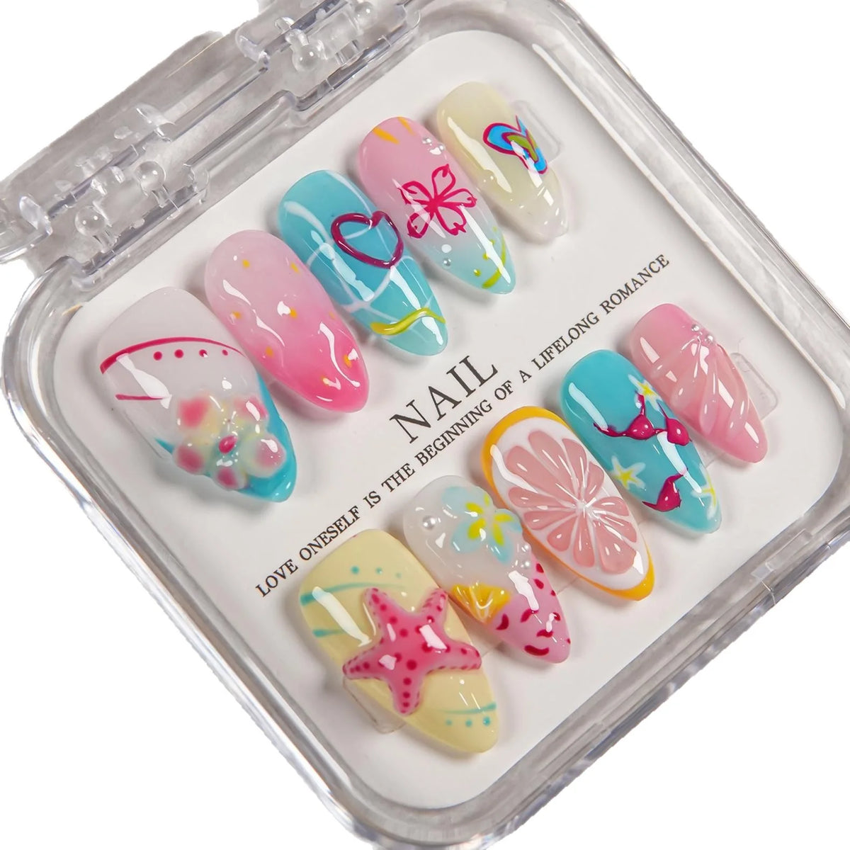 Press-On Nail Set Artistic Summer Designs Reusable Multi-Size
