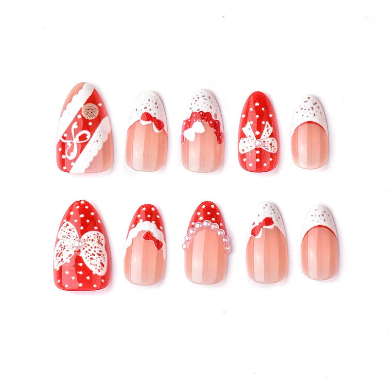 Press-On Nail Set Bow-Embellished Easy Application