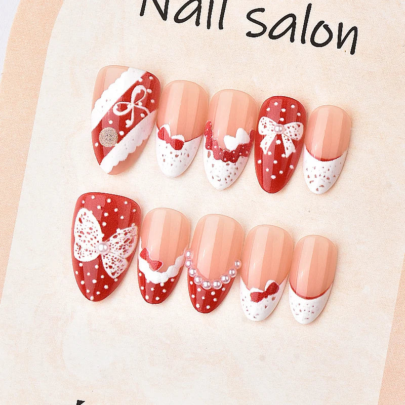 Press-On Nail Set Bow-Embellished Easy Application