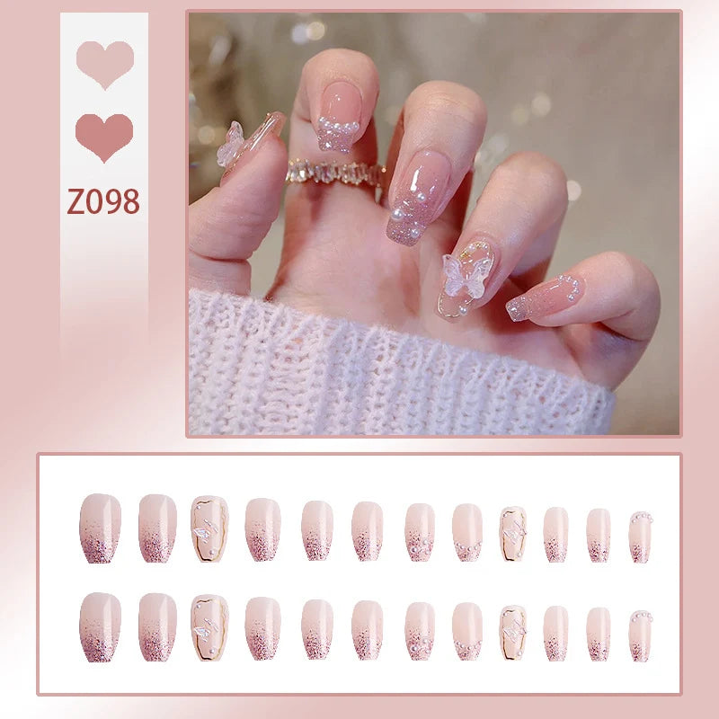 Press-On Nail Set Butterfly Design & Strong Adhesive