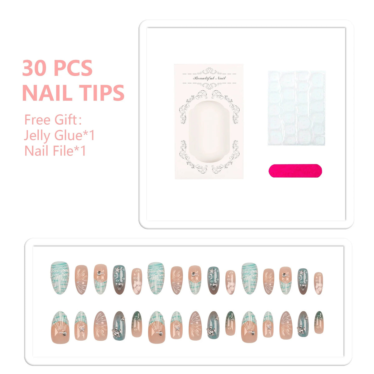 Press-On Nail Set Coastal Seashell Designs Long-Lasting Wear