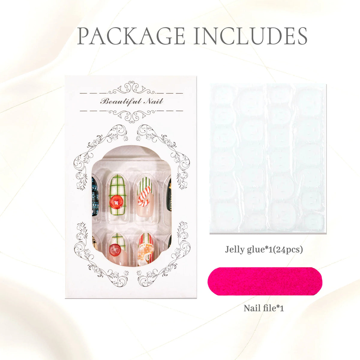 Press-On Nail Set Decorative Designs Includes Glue & File