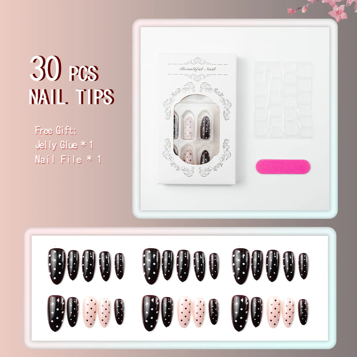 Press-On Nail Set Dotted & Solid Patterns No Glue