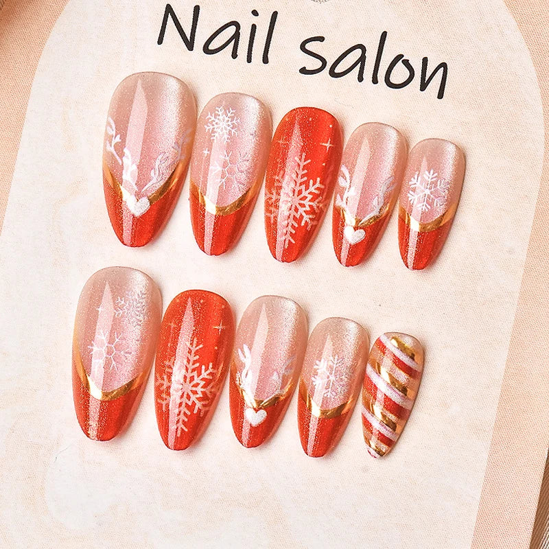 Press-On Nail Set Easy Application Red & Gold Snowflake