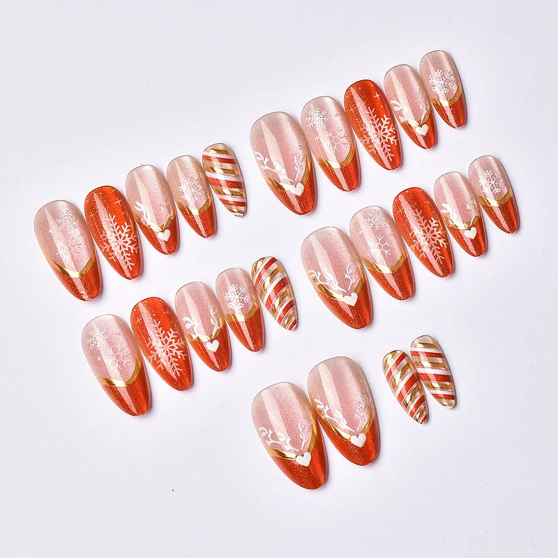 Press-On Nail Set Easy Application Red & Gold Snowflake