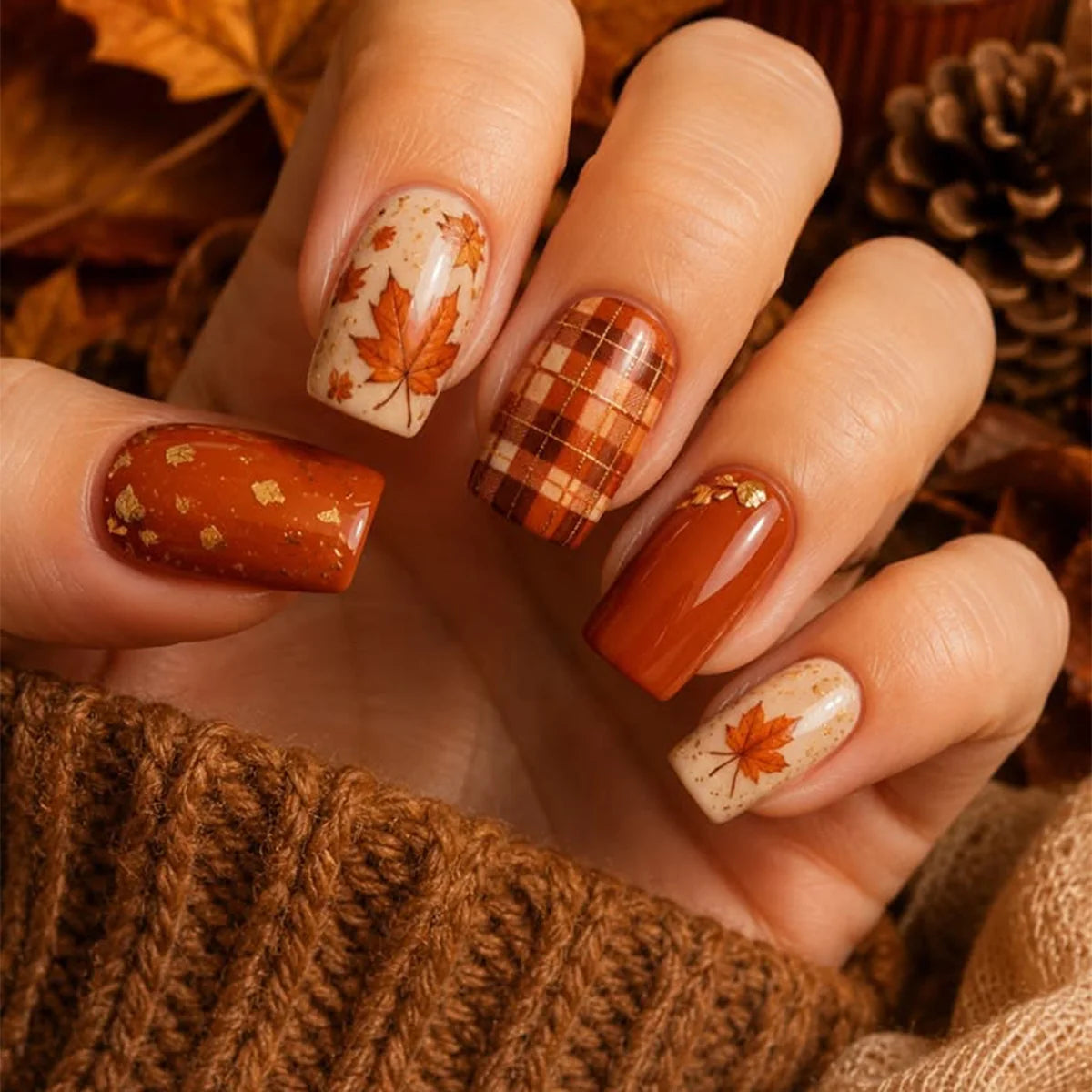 Press-On Nail Set Fall Leaves & Plaid Easy Application