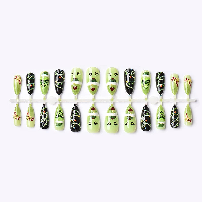 Press-On Nail Set Festive Grinch Designs Easy Application