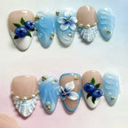 Press-On Nail Set Floral Design Cloud Blue