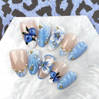 Press-On Nail Set Floral Design Cloud Blue