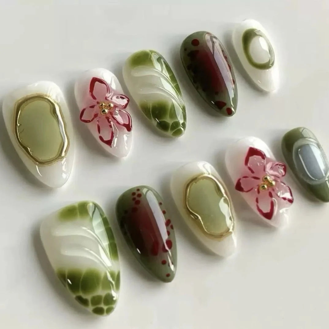 Press-On Nail Set Floral Design & Quick Application