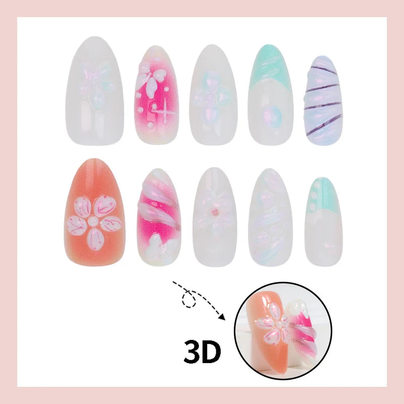 Press-On Nail Set Floral & Gradient Reusable
