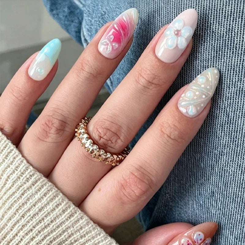 Press-On Nail Set Floral & Gradient Reusable