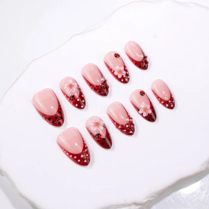 Press-On Nail Set Floral & Ladybug Multiple Sizes