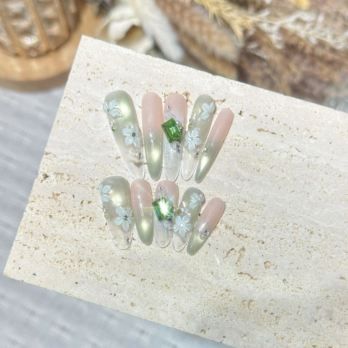 Press-On Nail Set Floral & Rhinestone No Glue