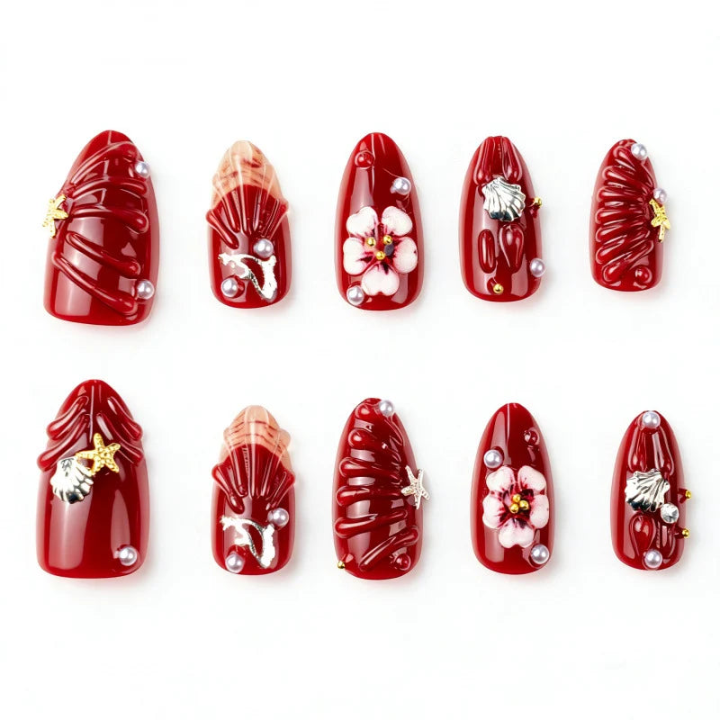 Press-On Nail Set Floral & Shell Accents