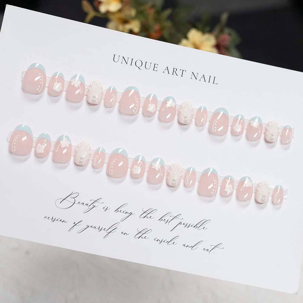Press-On Nail Set Floral & Shell Accents Multiple Sizes
