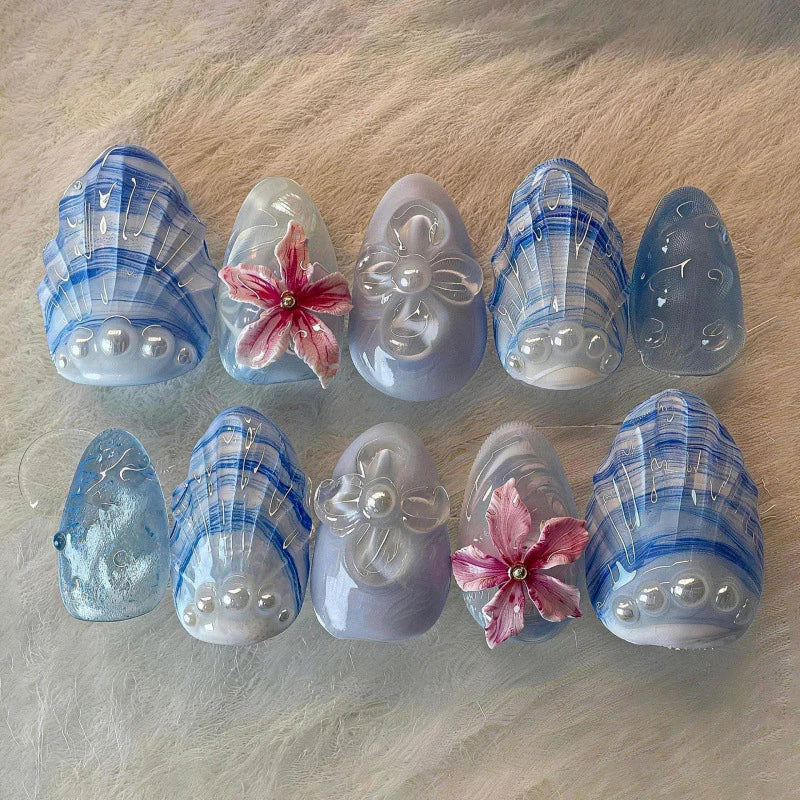 Press-On Nail Set Floral Shell Design Kit Included