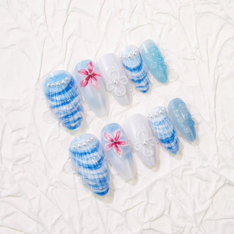 Press-On Nail Set Floral Shell Design Kit Included