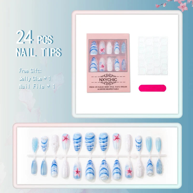 Press-On Nail Set Floral Shell Design Kit Included