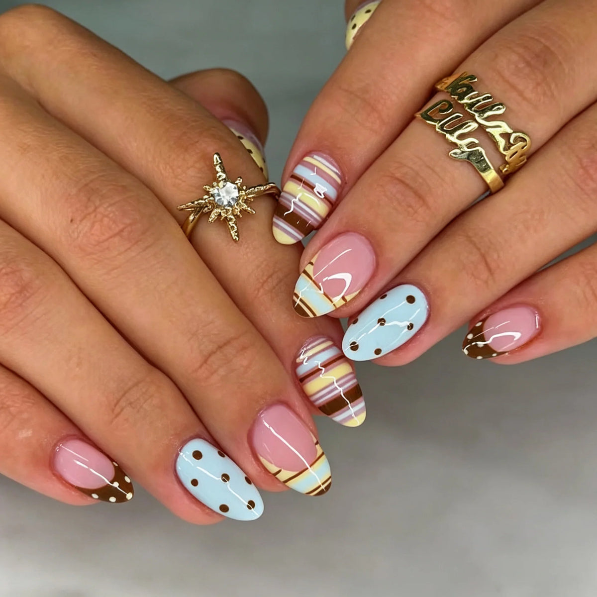 Press-On Nail Set Geometric Gold Accents Multiple Sizes