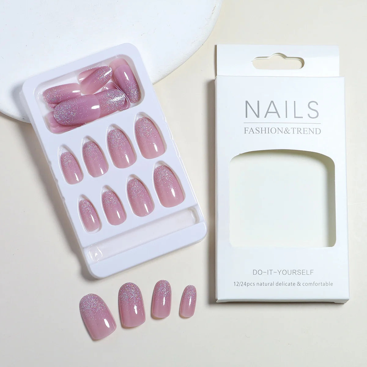 Press-On Nail Set Glitter Finish Pre-Applied Adhesive & Reusable