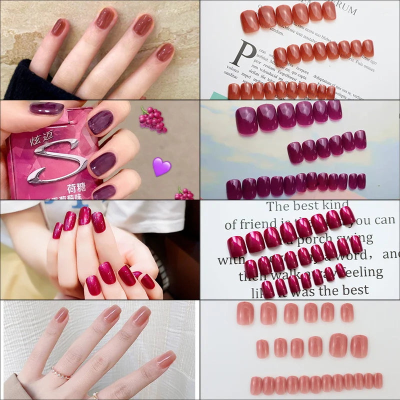 Press-On Nail Set Glossy Medium-Length Adhesive Included