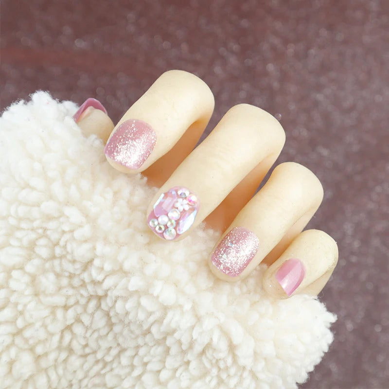 Press-On Nail Set Glossy Rhinestones Chip Resistant