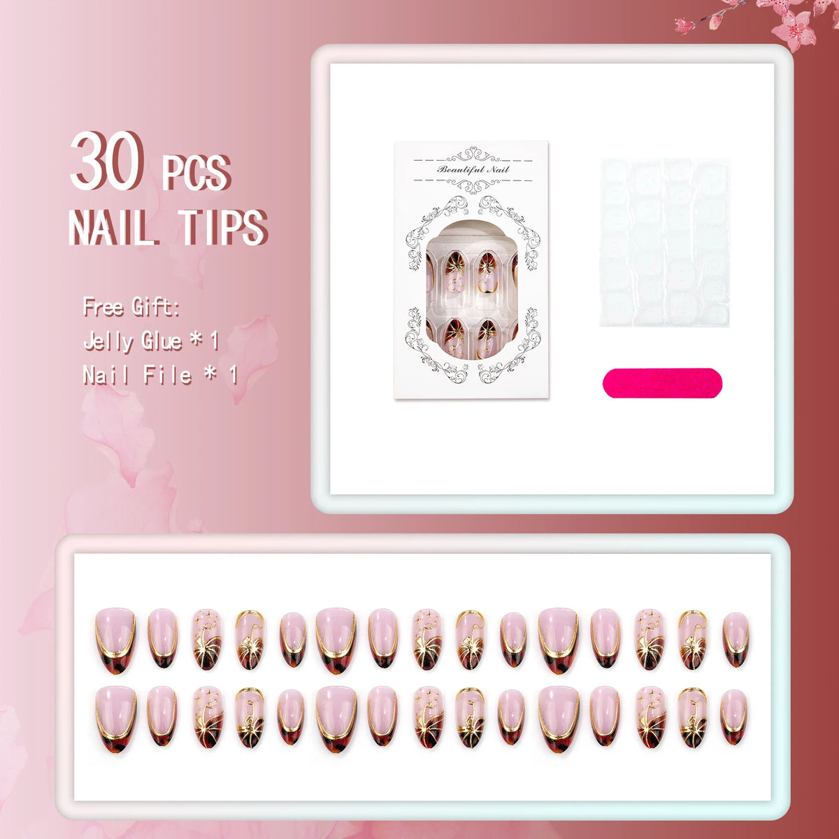Press-On Nail Set Gold Accent Easy Application & Reusable