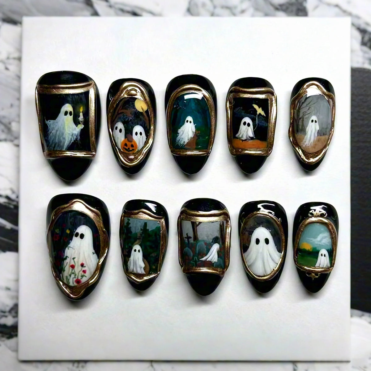 Press-On Nail Set Halloween Ghost Designs Reusable Adhesive Tabs