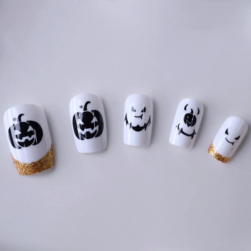 Press-On Nail Set Halloween Pumpkin Designs Multiple Sizes