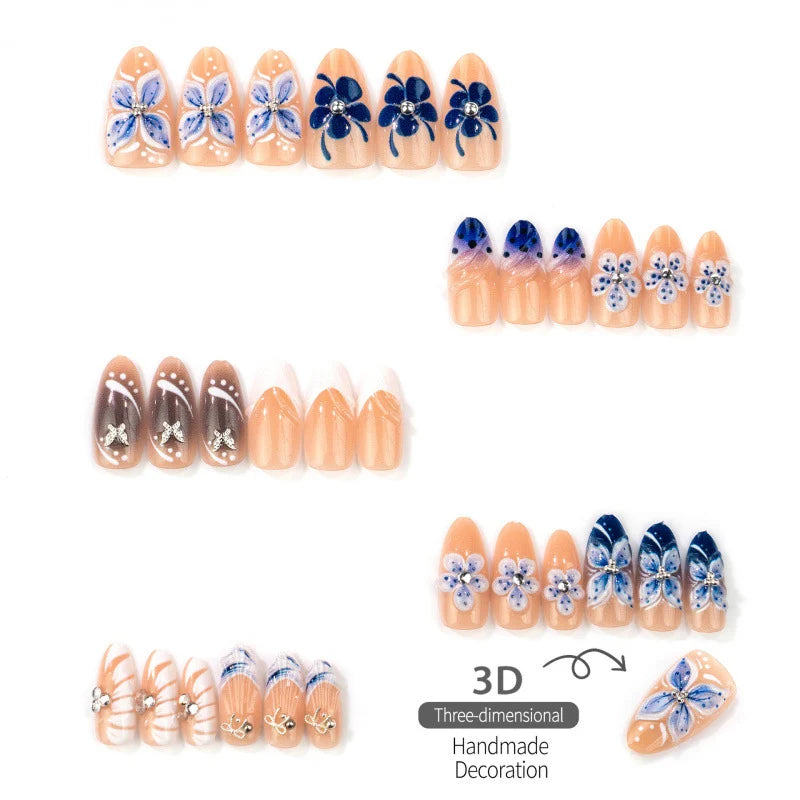 Press-On Nail Set Hand-Painted Floral Reusable