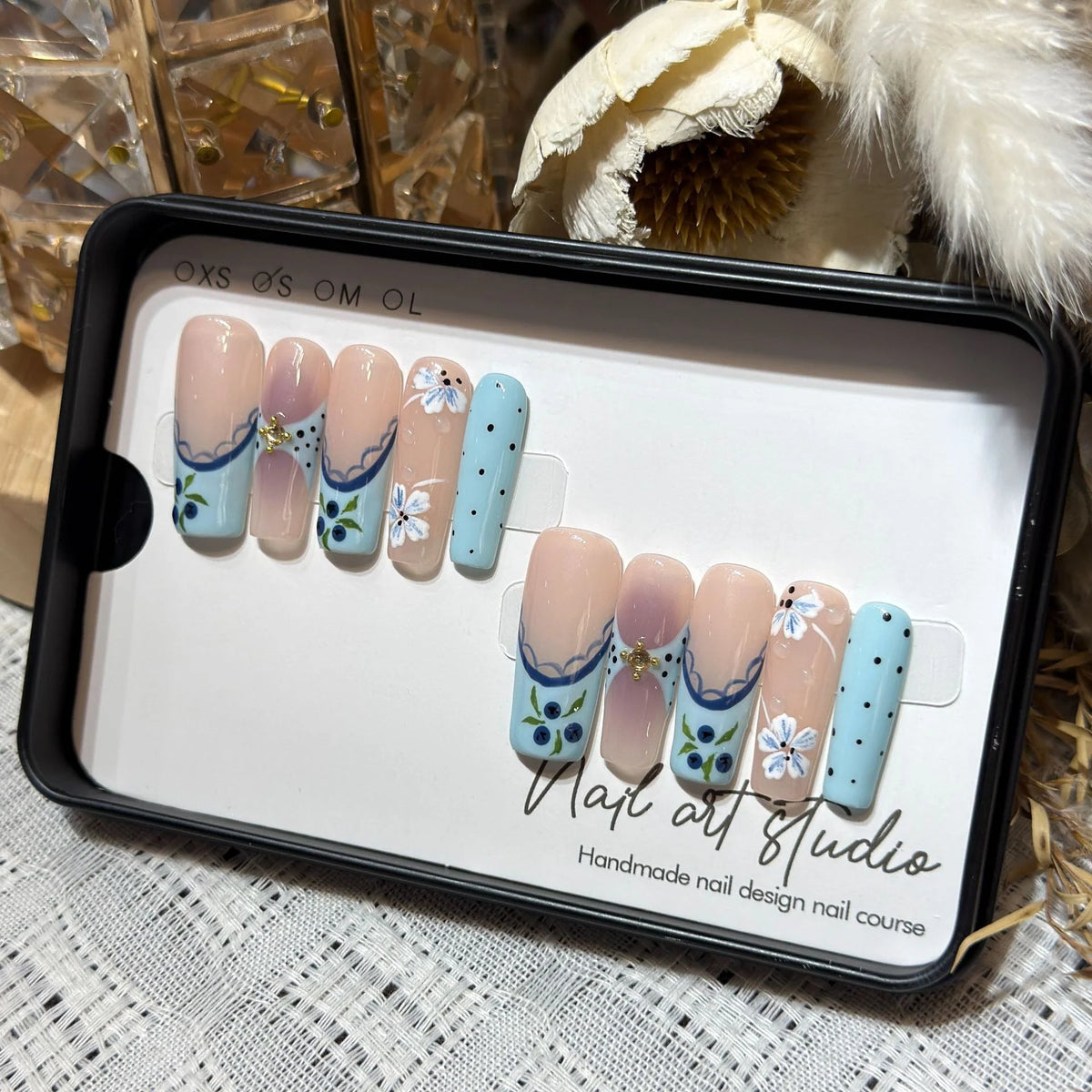 Press-On Nail Set Handmade Floral Adhesive Backing